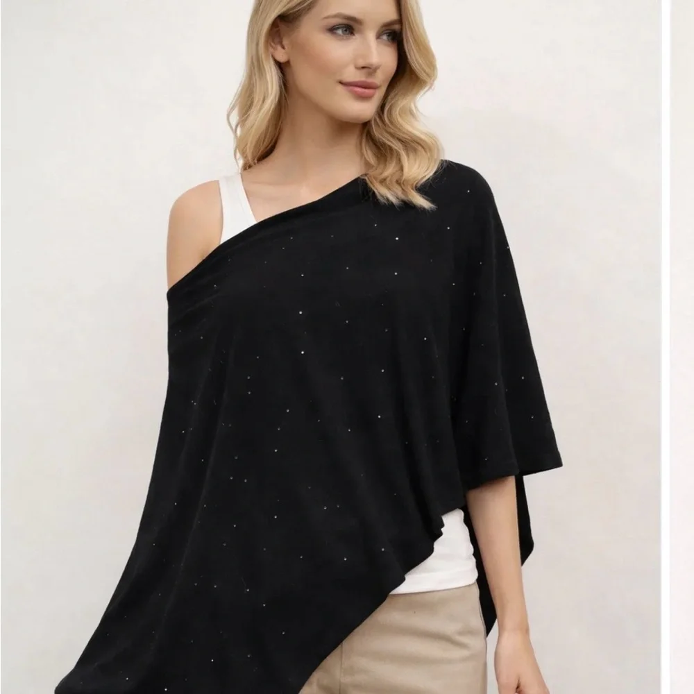 InCashmere Asymmetrical Rhinestone Drape Topper in Black